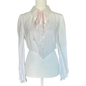 Romwe White Puff Sleeve Cropped Blouse Pink Bow Fairycore Cottagecore NWT S